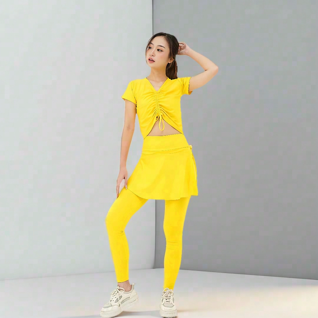 Setelan Baju Olahraga Wanita [ Legging rok tali + crop serut ]